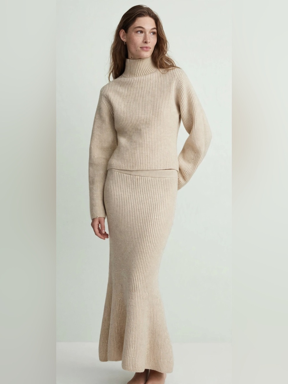 H&M Ribbed Knit Turtleneck Sweater & Midi Skirt 2-Piece Set Beige XS